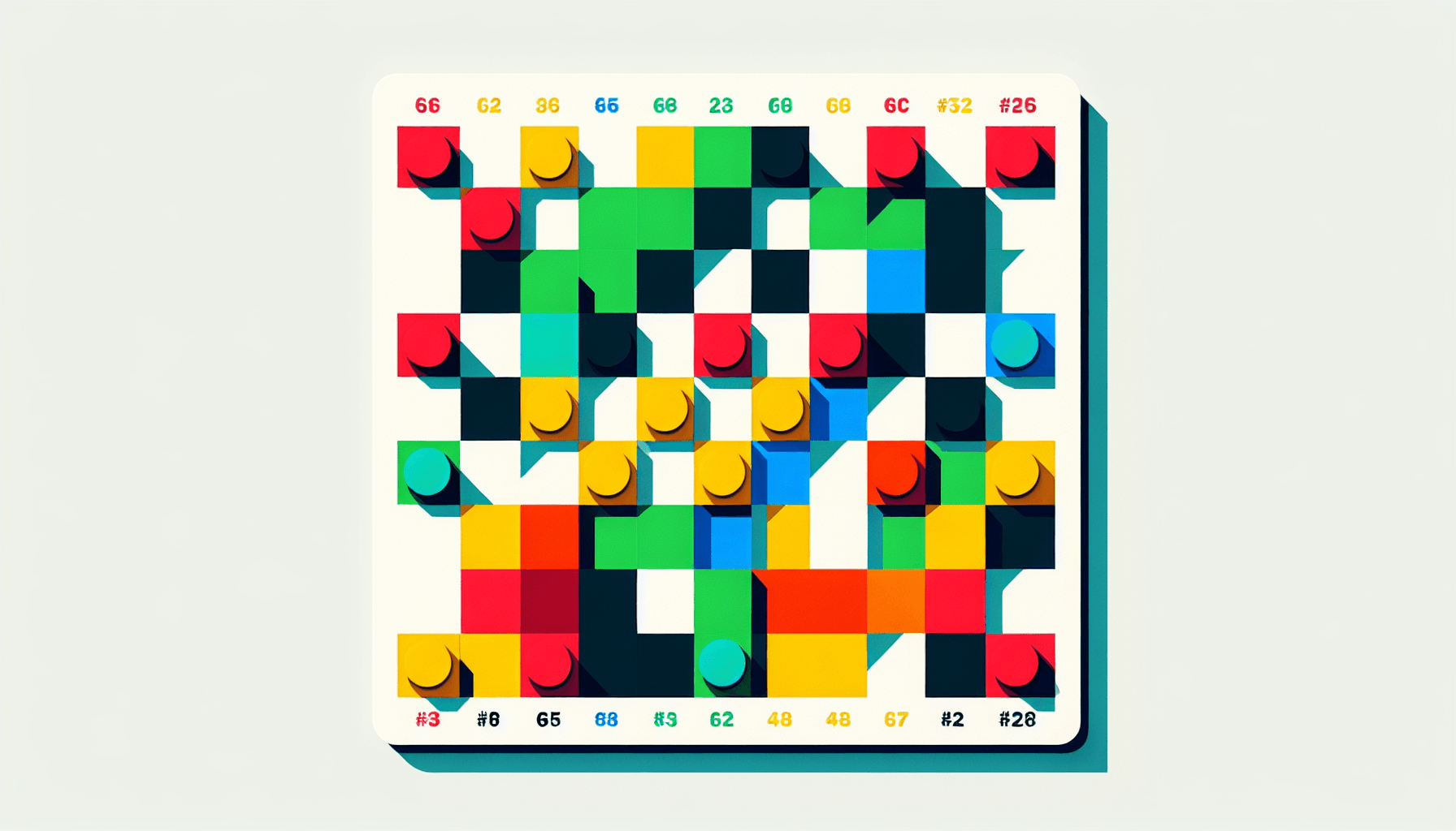 Chessboard in flat illustration style and white background, red #f47574, green #88c7a8, yellow #fcc44b, and blue #645bc8 colors.