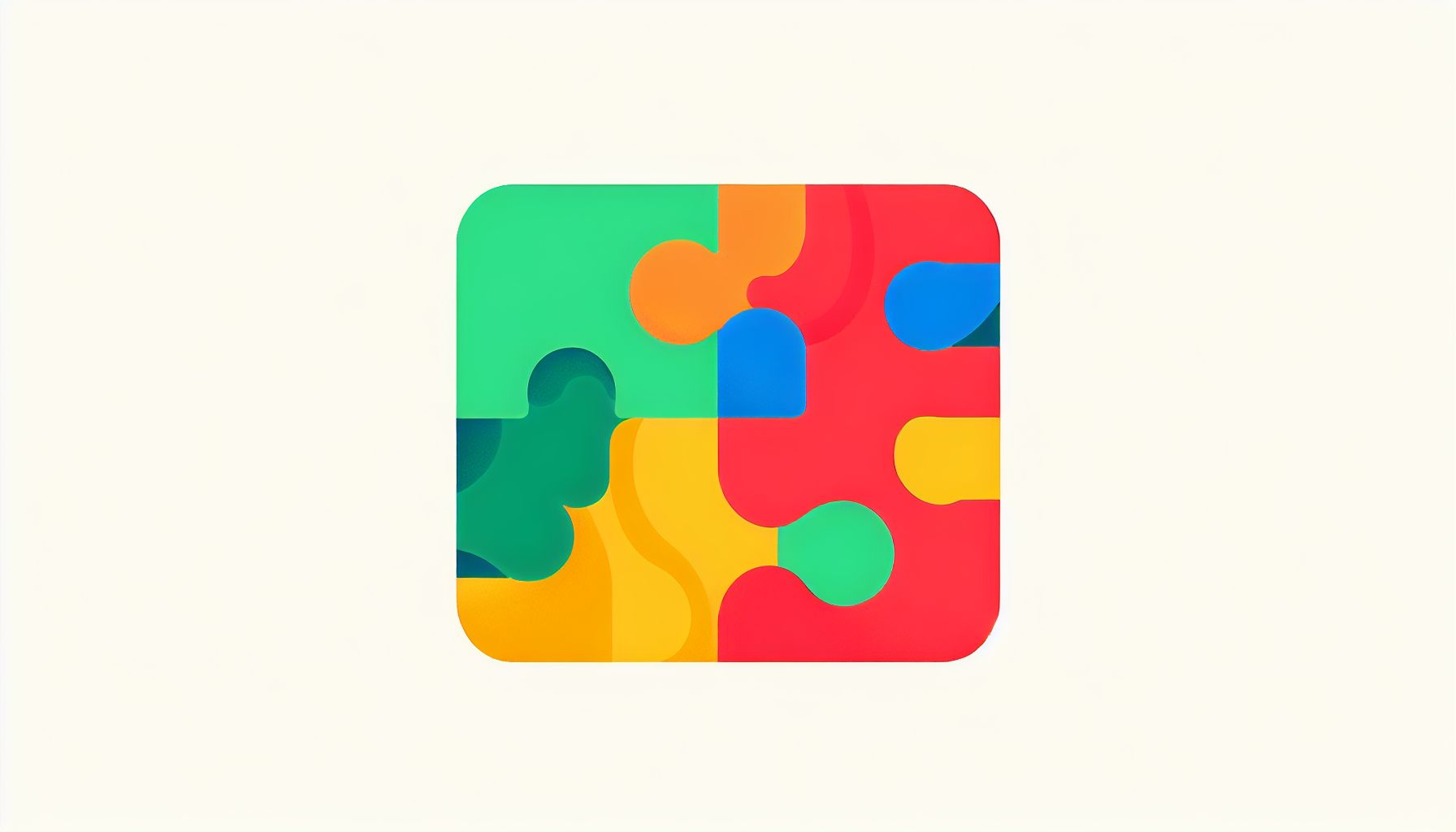 Puzzle in flat illustration style and white background, red #f47574, green #88c7a8, yellow #fcc44b, and blue #645bc8 colors.