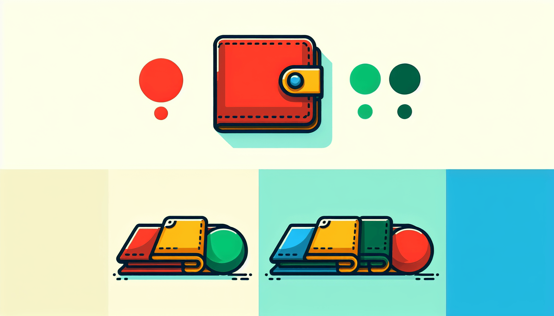 Wallet in flat illustration style and white background, red #f47574, green #88c7a8, yellow #fcc44b, and blue #645bc8 colors.