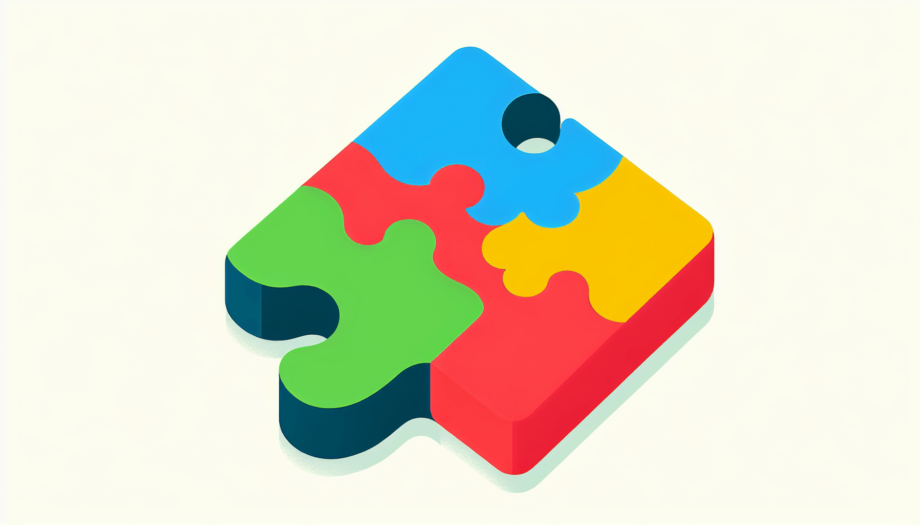 Puzzle piece in flat illustration style and white background, red #f47574, green #88c7a8, yellow #fcc44b, and blue #645bc8 colors.