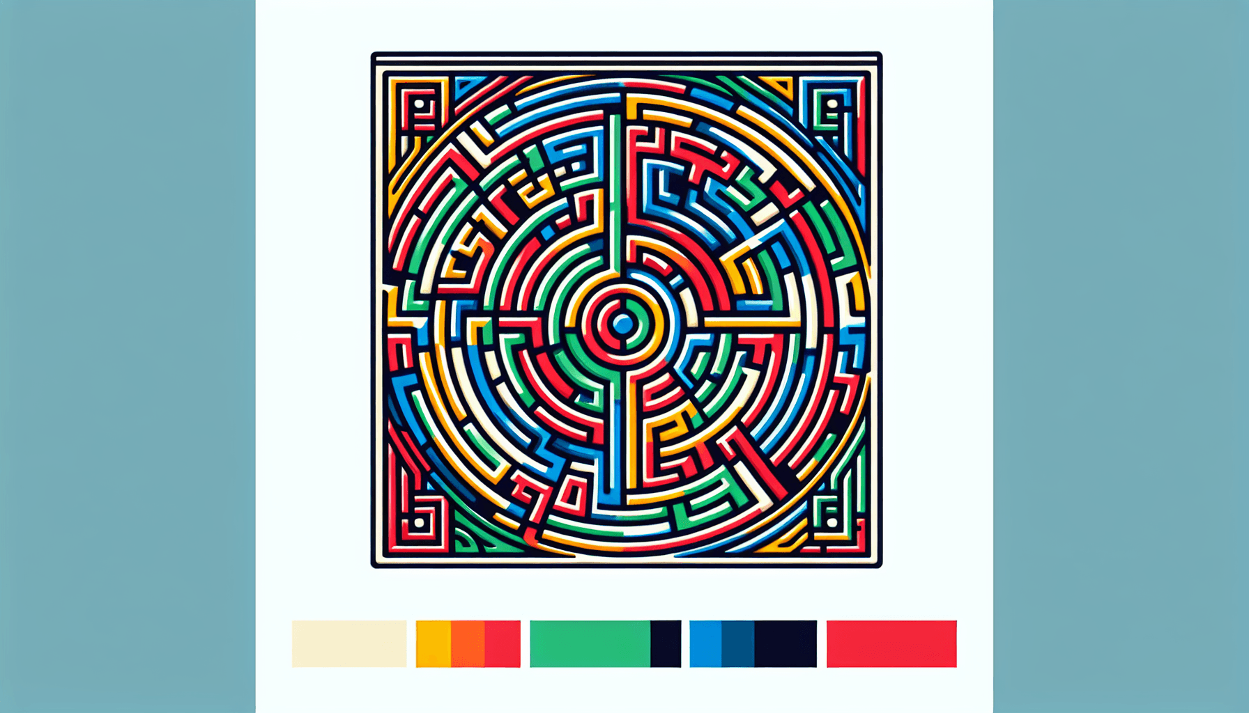 Labyrinth in flat illustration style and white background, red #f47574, green #88c7a8, yellow #fcc44b, and blue #645bc8 colors.