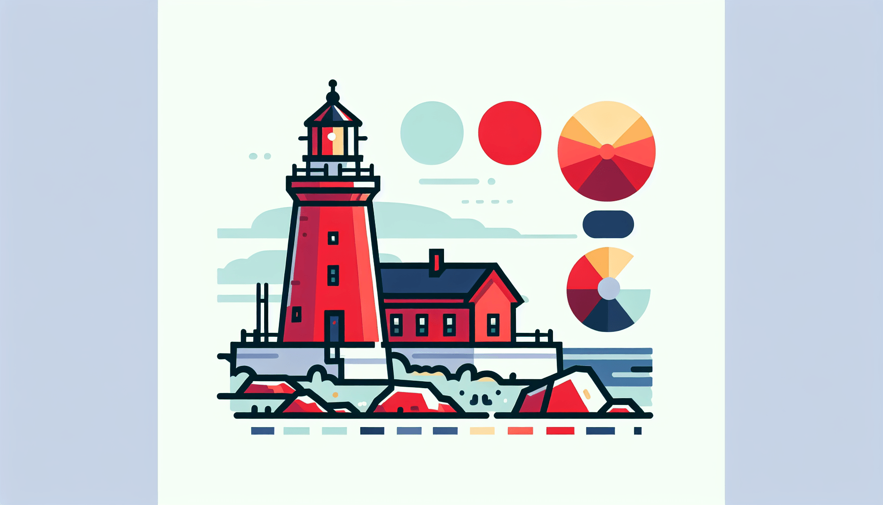 Lighthouse in flat illustration style and white background, red #f47574, green #88c7a8, yellow #fcc44b, and blue #645bc8 colors.
