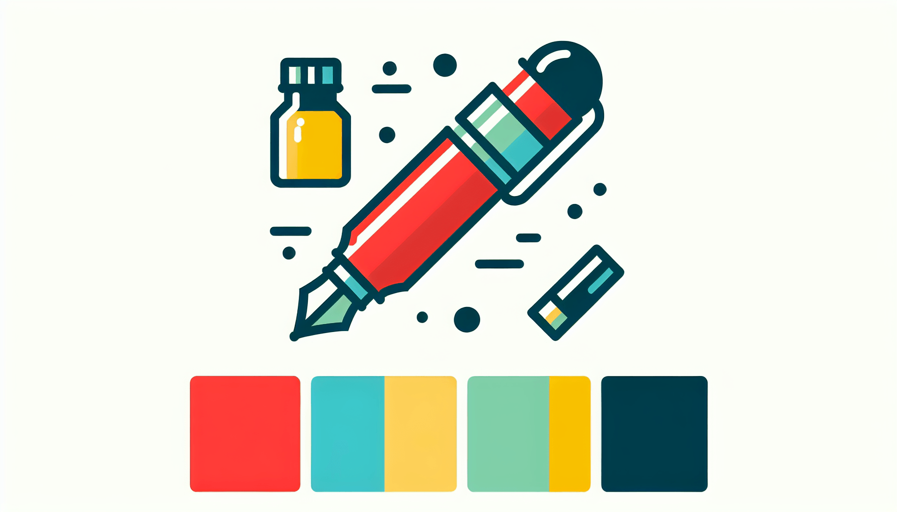 Ink pen in flat illustration style and white background, red #f47574, green #88c7a8, yellow #fcc44b, and blue #645bc8 colors.