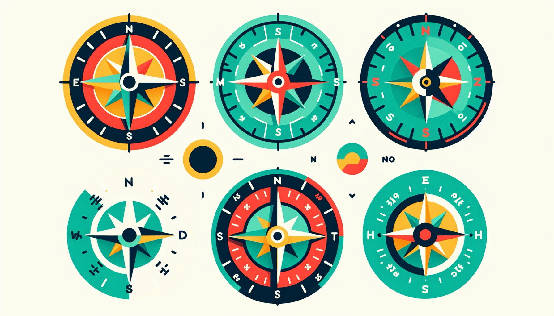 Compass in flat illustration style and white background, red #f47574, green #88c7a8, yellow #fcc44b, and blue #645bc8 colors.