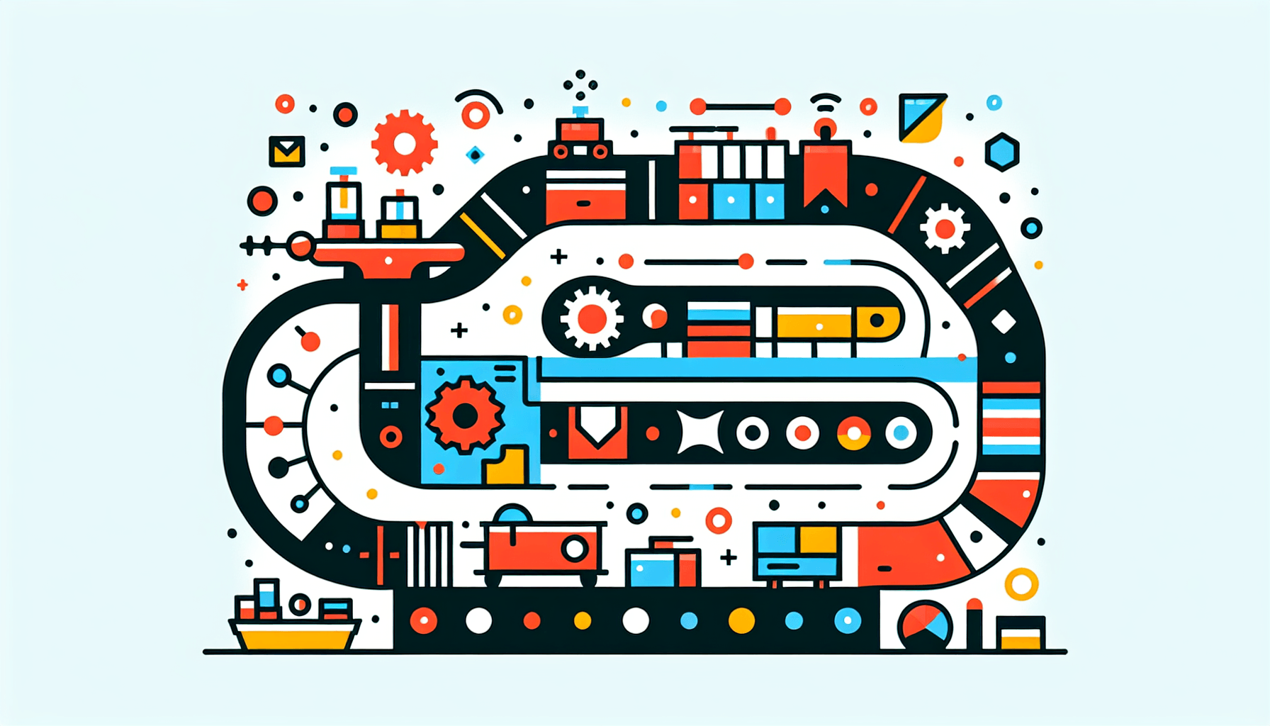 Conveyor belt in flat illustration style and white background, red #f47574, green #88c7a8, yellow #fcc44b, and blue #645bc8 colors.