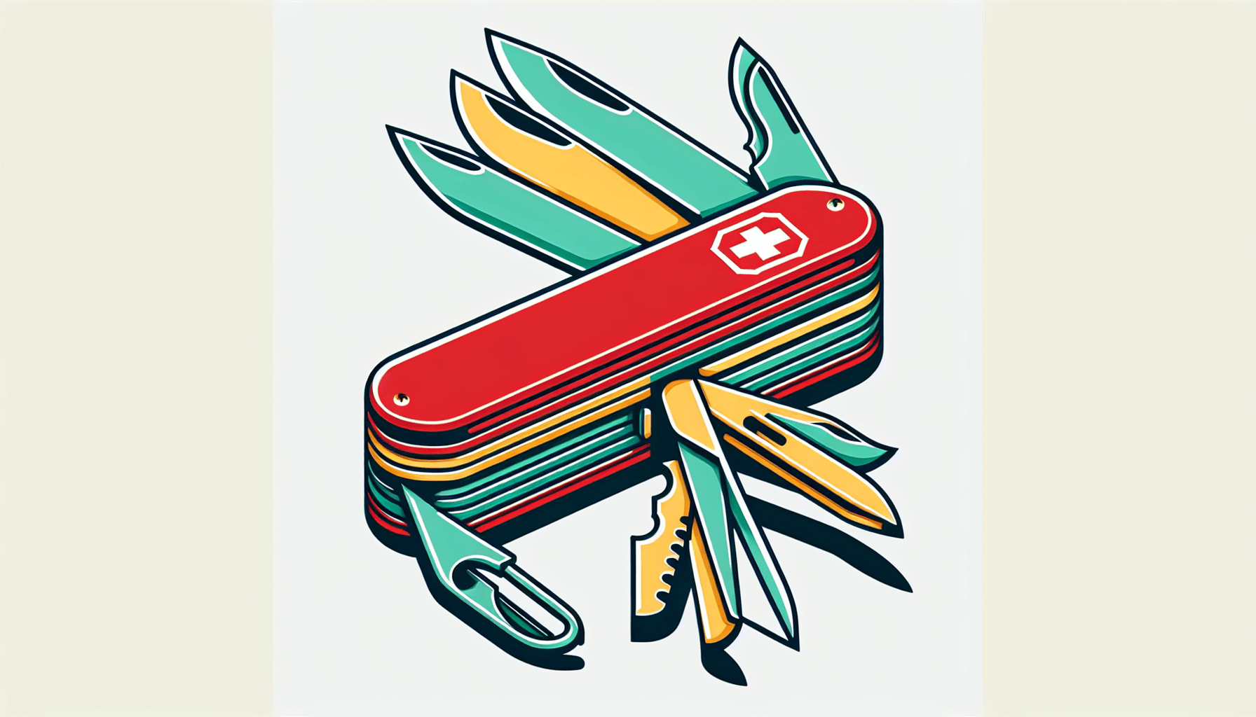 Swiss Army Knife in flat illustration style and white background, red #f47574, green #88c7a8, yellow #fcc44b, and blue #645bc8 colors.