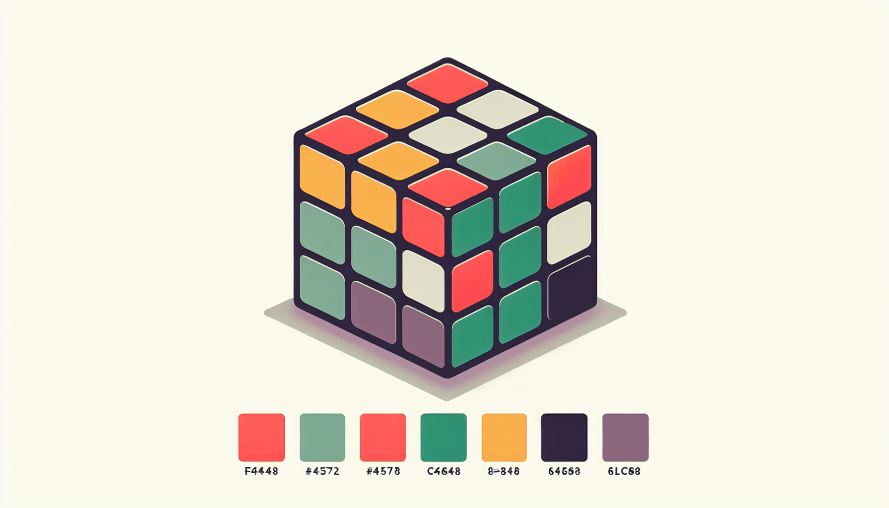 Rubik's cube in flat illustration style and white background, red #f47574, green #88c7a8, yellow #fcc44b, and blue #645bc8 colors.