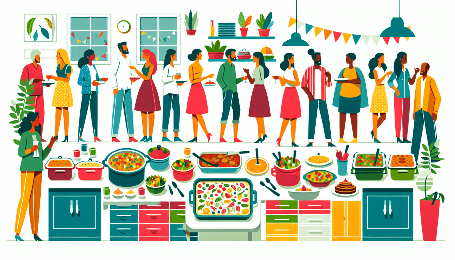 Potluck in flat illustration style and white background, red #f47574, green #88c7a8, yellow #fcc44b, and blue #645bc8 colors.