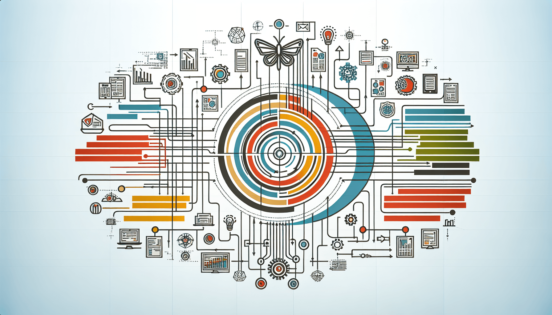 Transformational strategy blueprint in flat illustration style and white background, red #f47574, green #88c7a8, yellow #fcc44b, and blue #645bc8 colors.