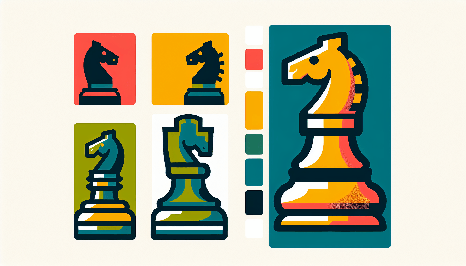 Chess piece in flat illustration style and white background, red #f47574, green #88c7a8, yellow #fcc44b, and blue #645bc8 colors.