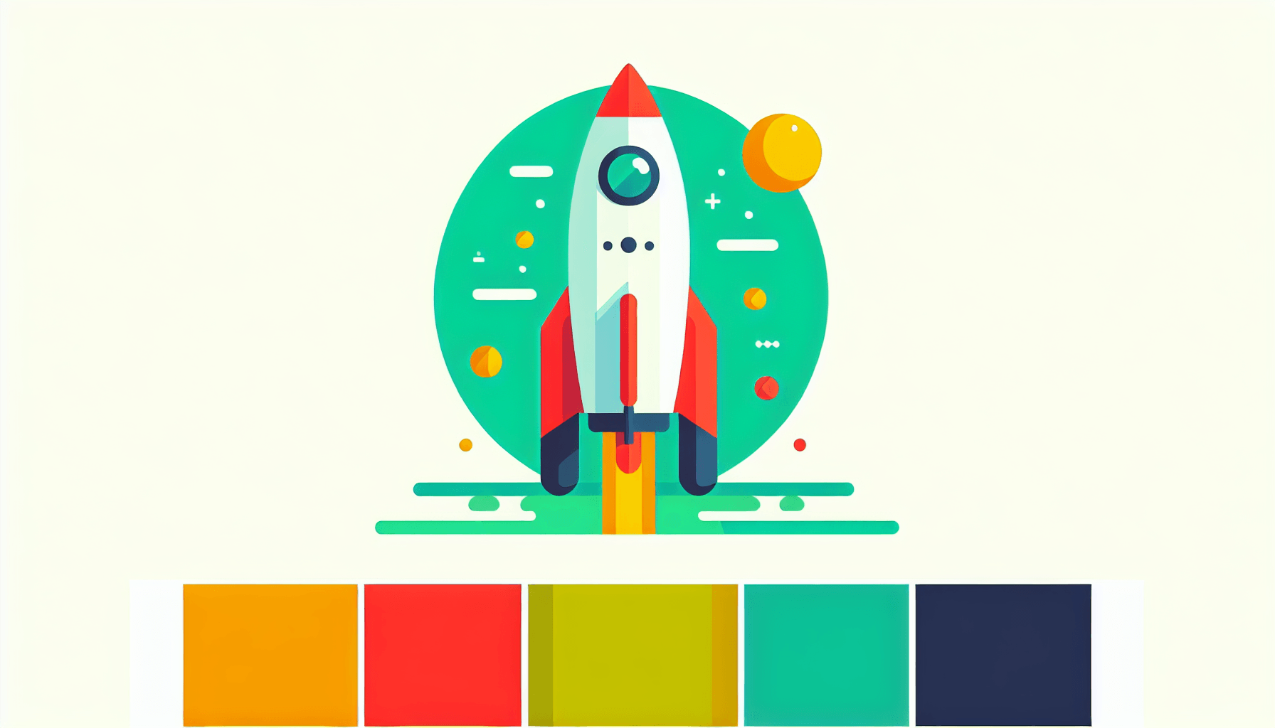 Rocket in flat illustration style and white background, red #f47574, green #88c7a8, yellow #fcc44b, and blue #645bc8 colors.
