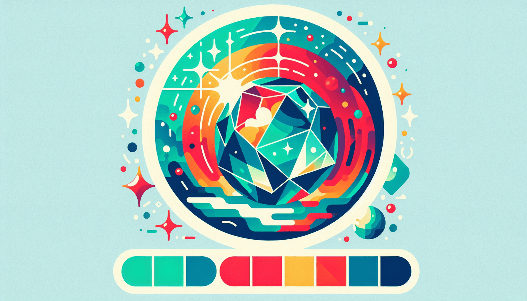 Crystal ball in flat illustration style and white background, red #f47574, green #88c7a8, yellow #fcc44b, and blue #645bc8 colors.