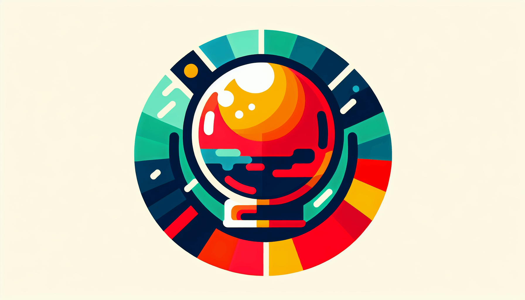 Crystal ball in flat illustration style and white background, red #f47574, green #88c7a8, yellow #fcc44b, and blue #645bc8 colors.