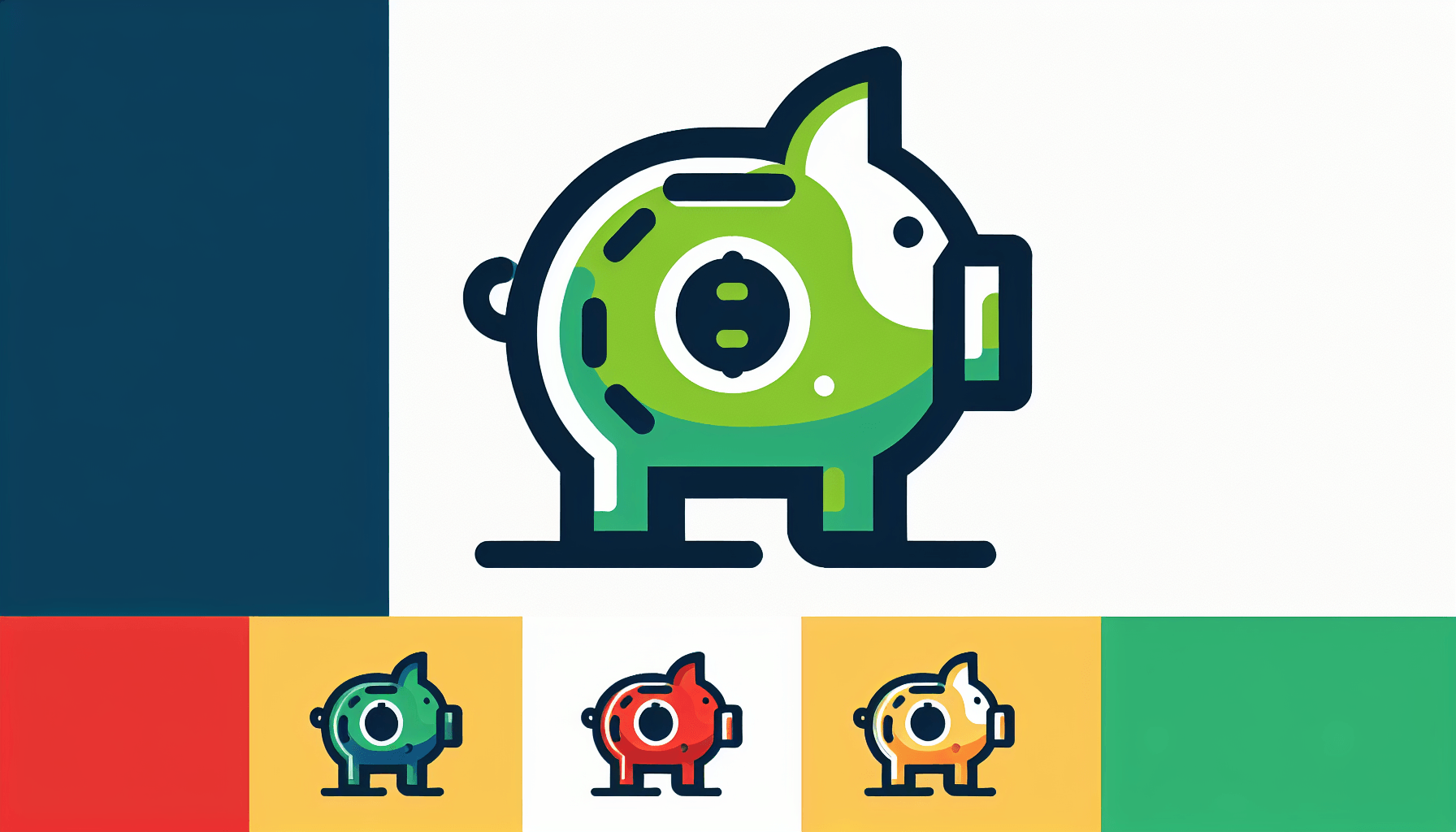 Piggy bank in flat illustration style and white background, red #f47574, green #88c7a8, yellow #fcc44b, and blue #645bc8 colors.