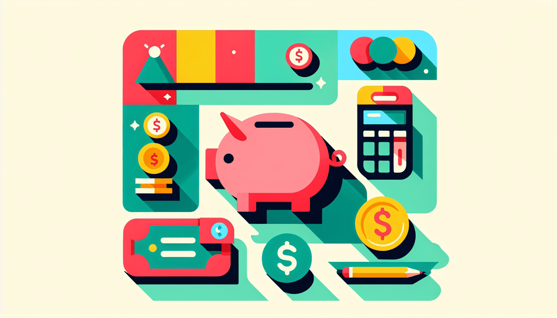 Unique Selling Proposition Budget-friendly in flat illustration style and white background, red #f47574, green #88c7a8, yellow #fcc44b, and blue #645bc8 colors.