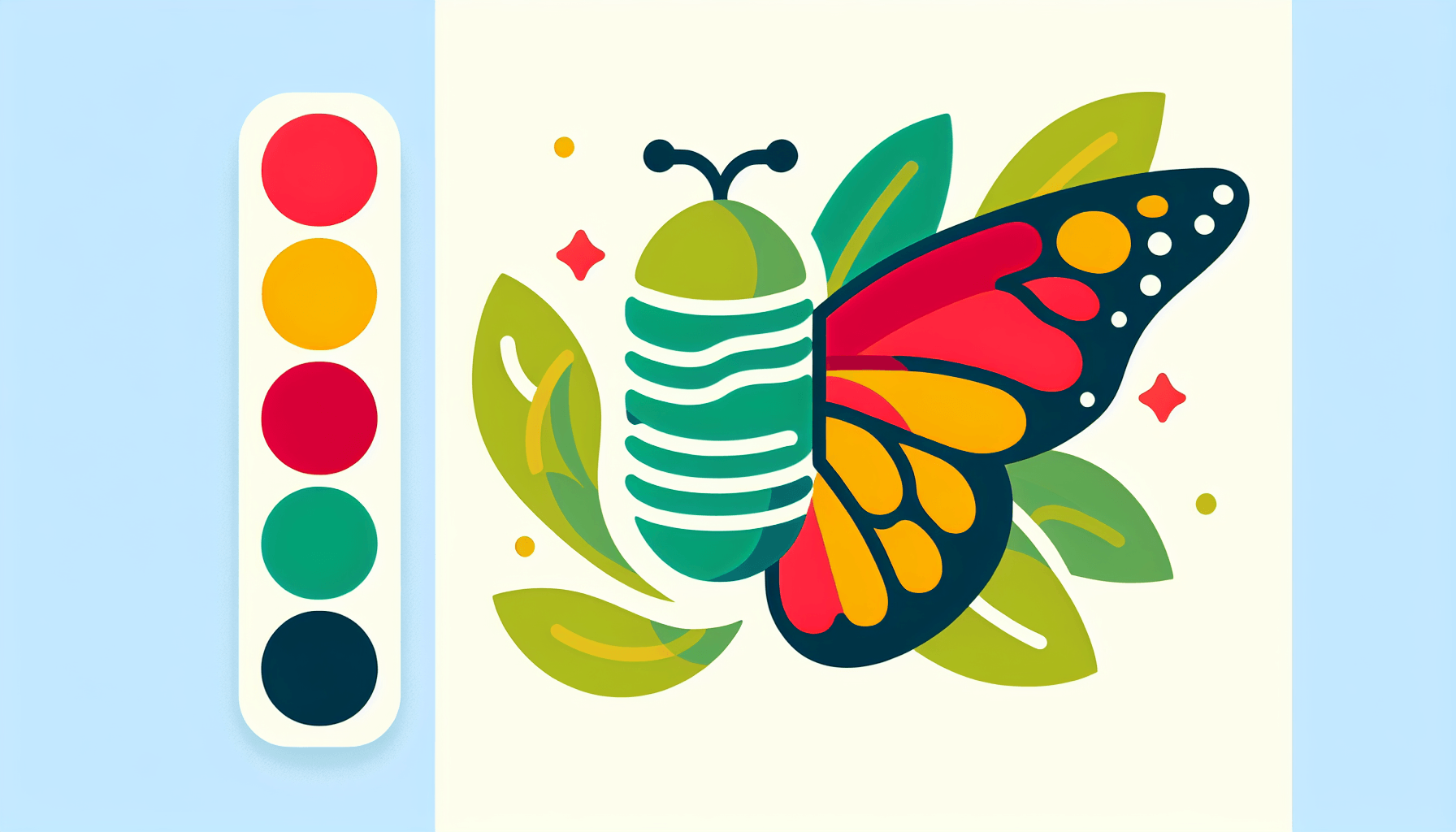 Butterfly cocoon in flat illustration style and white background, red #f47574, green #88c7a8, yellow #fcc44b, and blue #645bc8 colors.