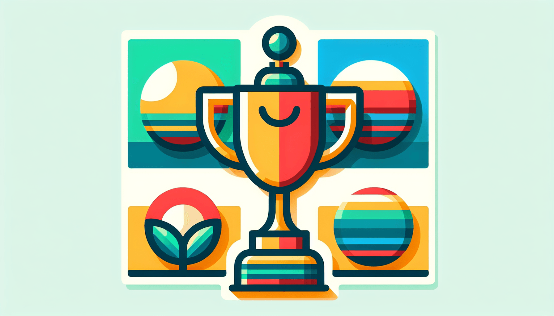Trophy in flat illustration style and white background, red #f47574, green #88c7a8, yellow #fcc44b, and blue #645bc8 colors.