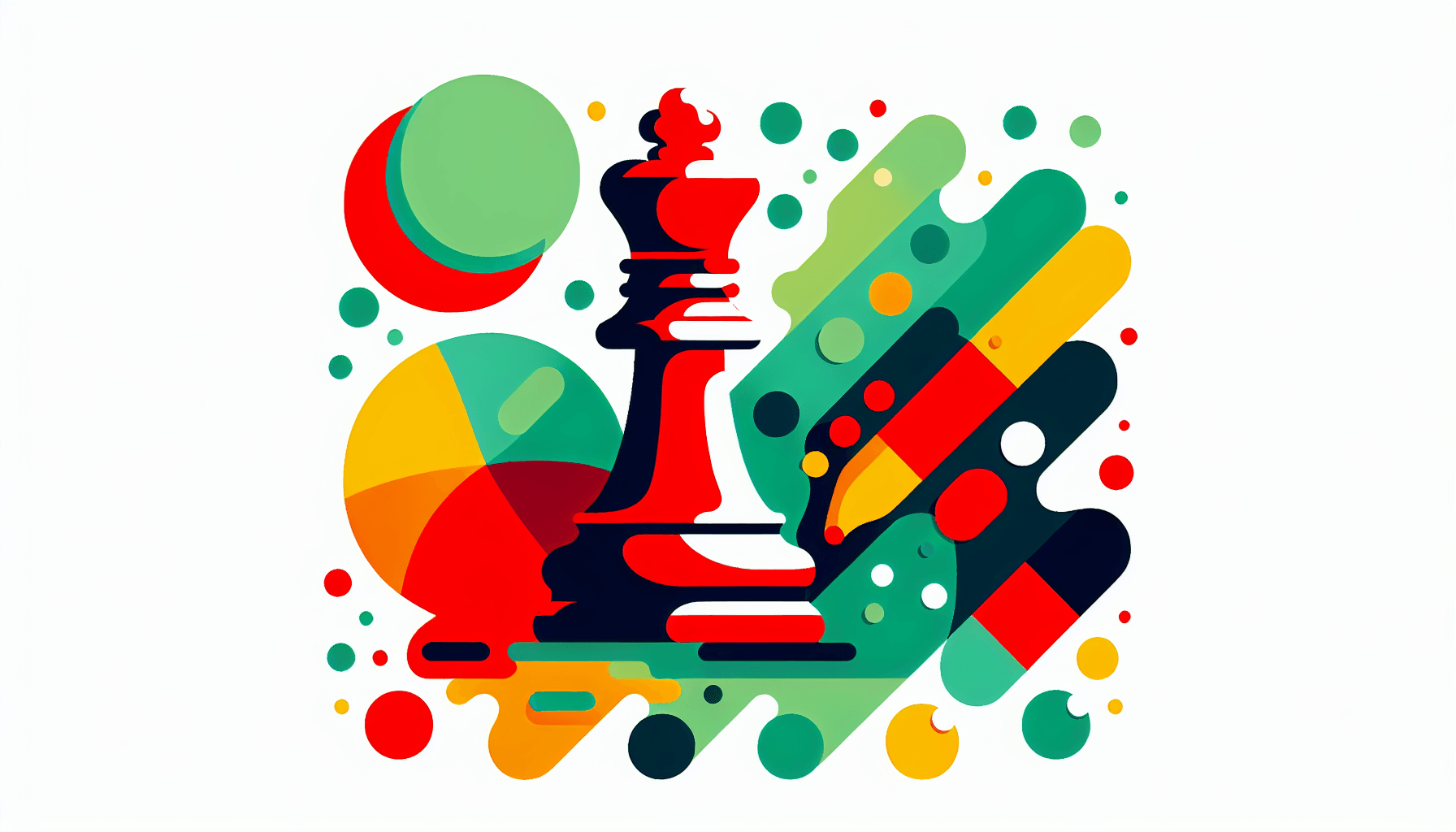 Chess piece in flat illustration style and white background, red #f47574, green #88c7a8, yellow #fcc44b, and blue #645bc8 colors.