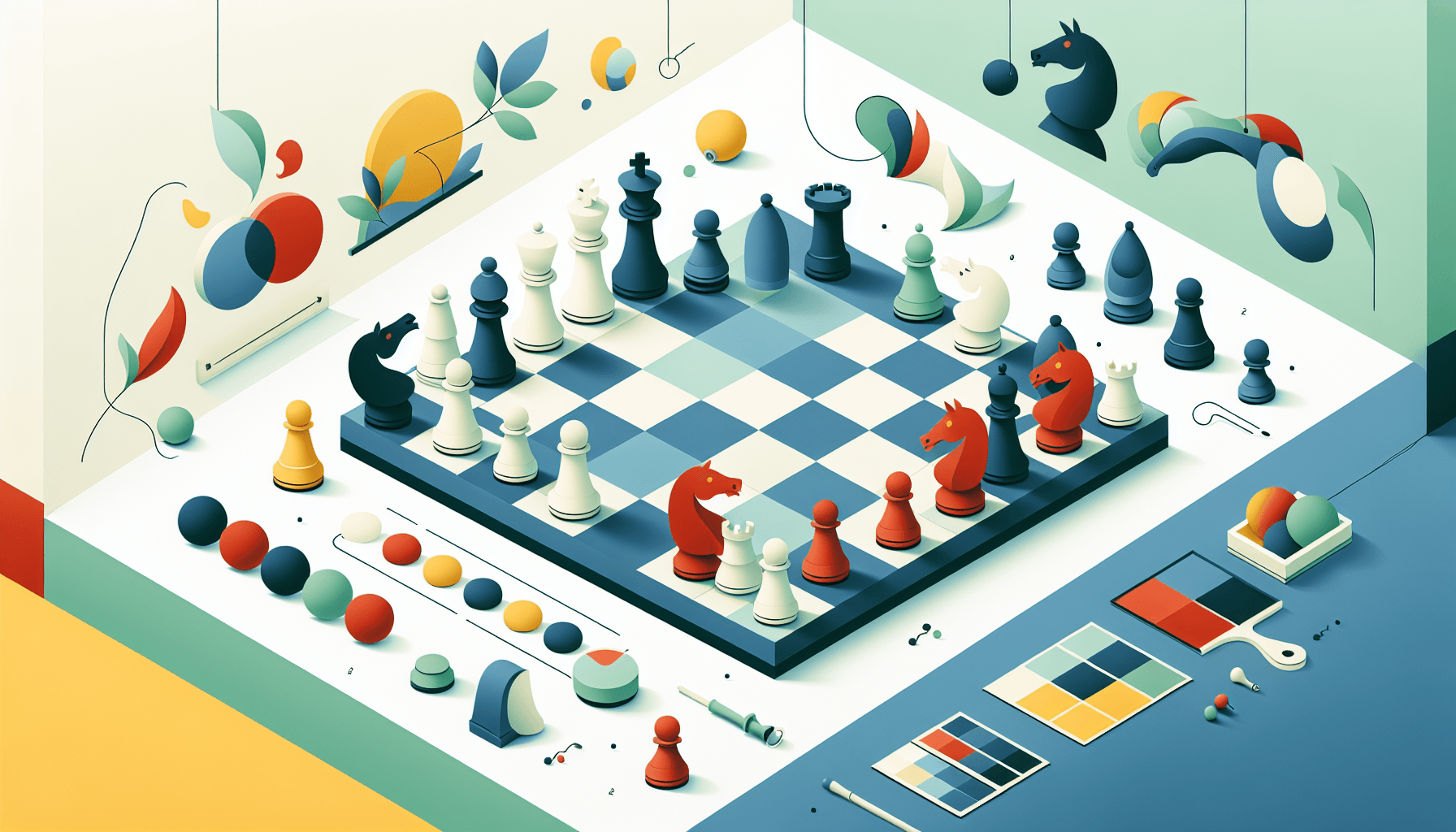 Chess game in flat illustration style and white background, red #f47574, green #88c7a8, yellow #fcc44b, and blue #645bc8 colors.