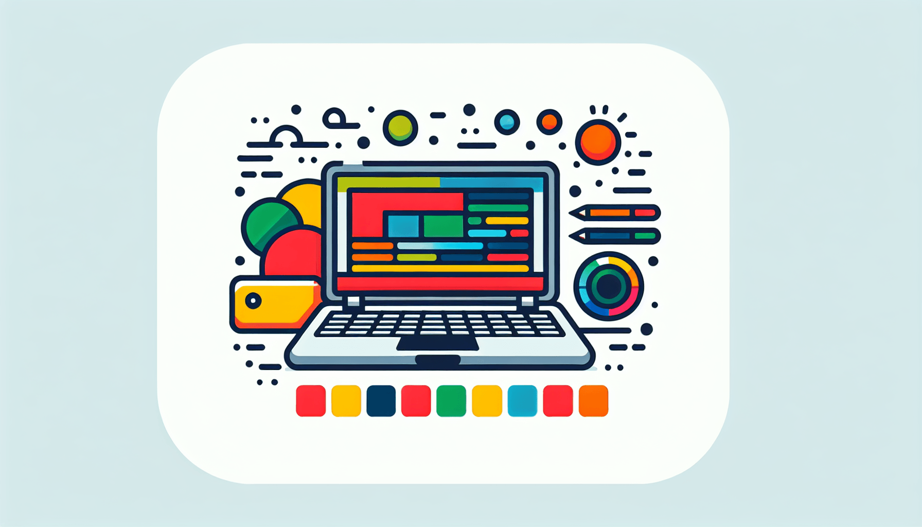 Laptop in flat illustration style and white background, red #f47574, green #88c7a8, yellow #fcc44b, and blue #645bc8 colors.