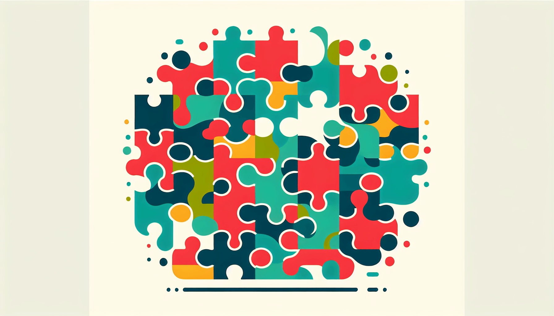 Puzzle in flat illustration style and white background, red #f47574, green #88c7a8, yellow #fcc44b, and blue #645bc8 colors.