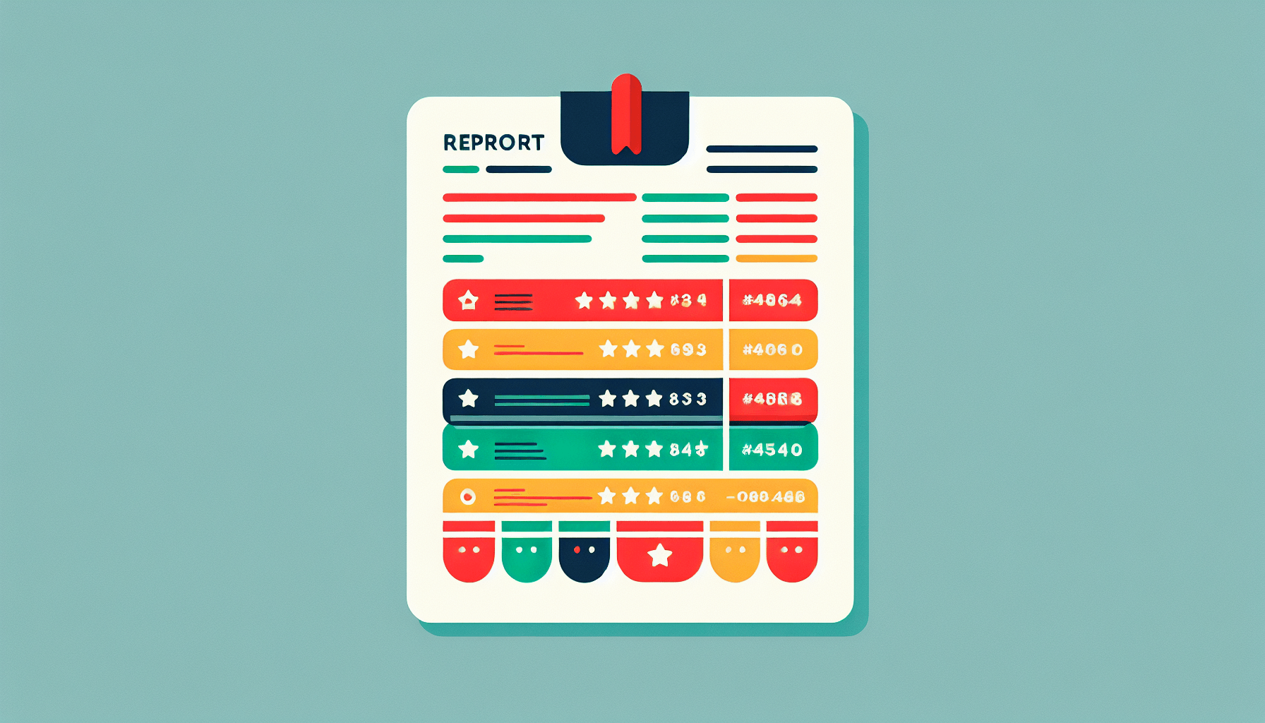 Report card in flat illustration style and white background, red #f47574, green #88c7a8, yellow #fcc44b, and blue #645bc8 colors.