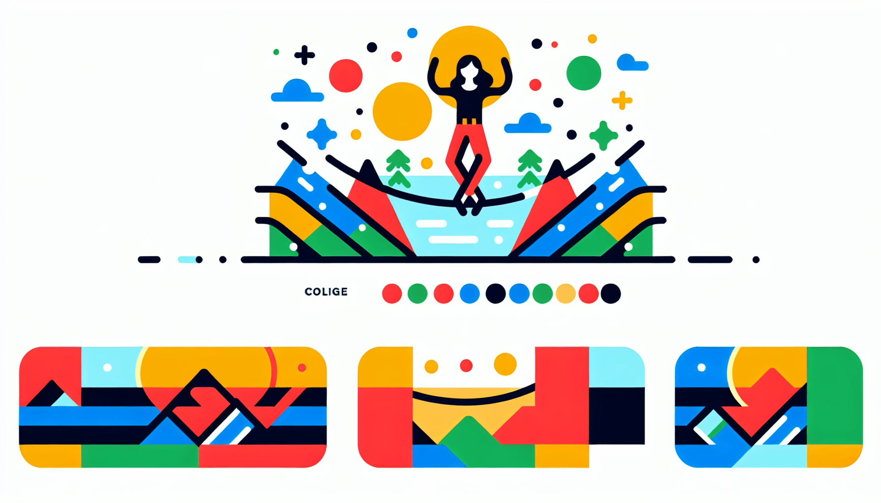 Tightrope in flat illustration style and white background, red #f47574, green #88c7a8, yellow #fcc44b, and blue #645bc8 colors.