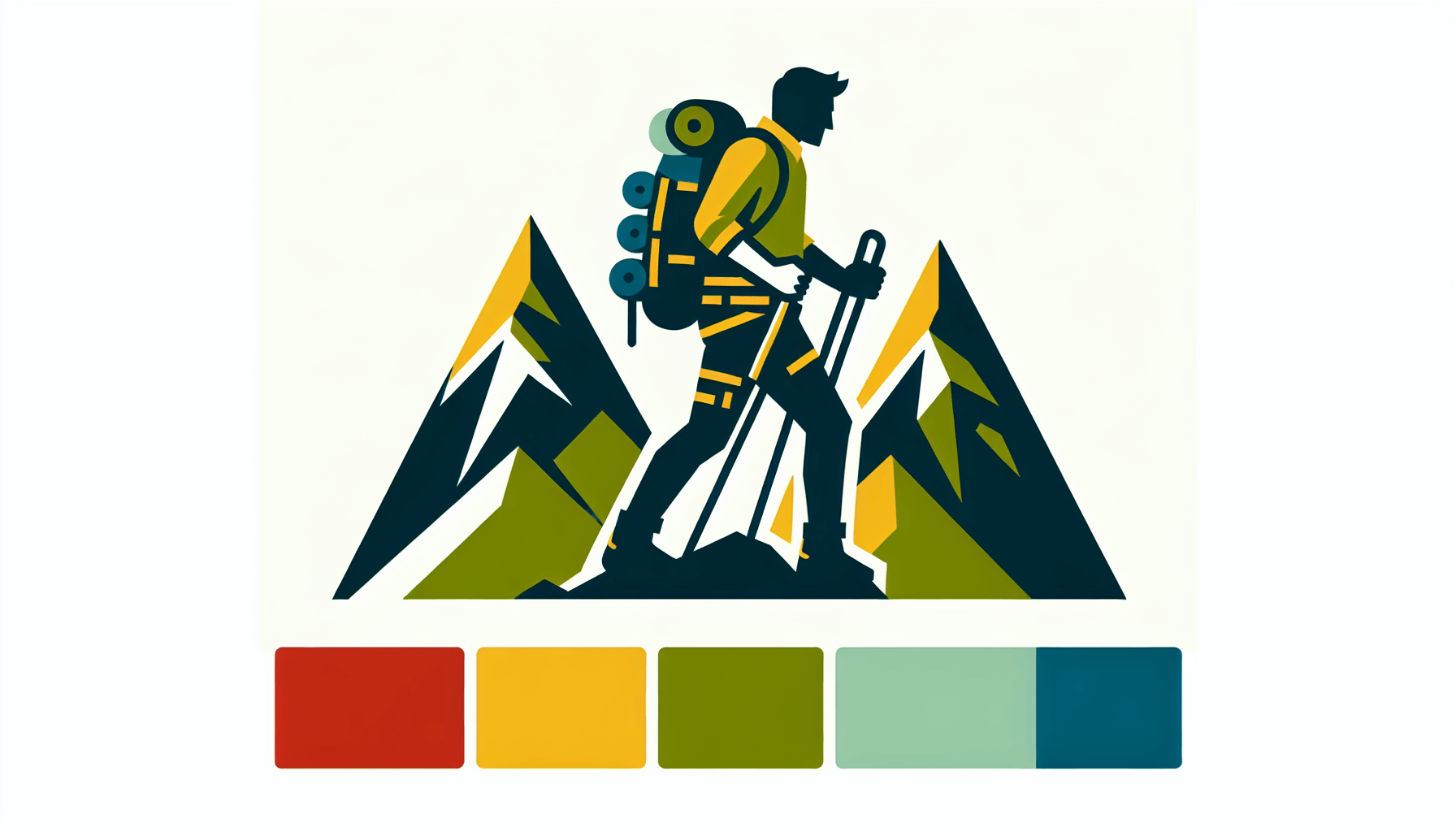 Mountain climber in flat illustration style and white background, red #f47574, green #88c7a8, yellow #fcc44b, and blue #645bc8 colors.