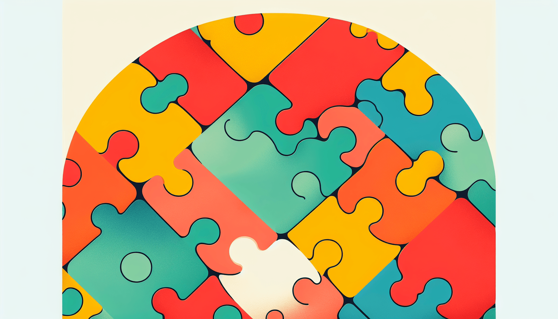 Jigsaw in flat illustration style and white background, red #f47574, green #88c7a8, yellow #fcc44b, and blue #645bc8 colors.