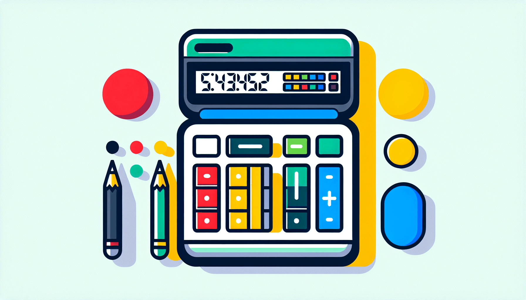 Calculator in flat illustration style and white background, red #f47574, green #88c7a8, yellow #fcc44b, and blue #645bc8 colors.