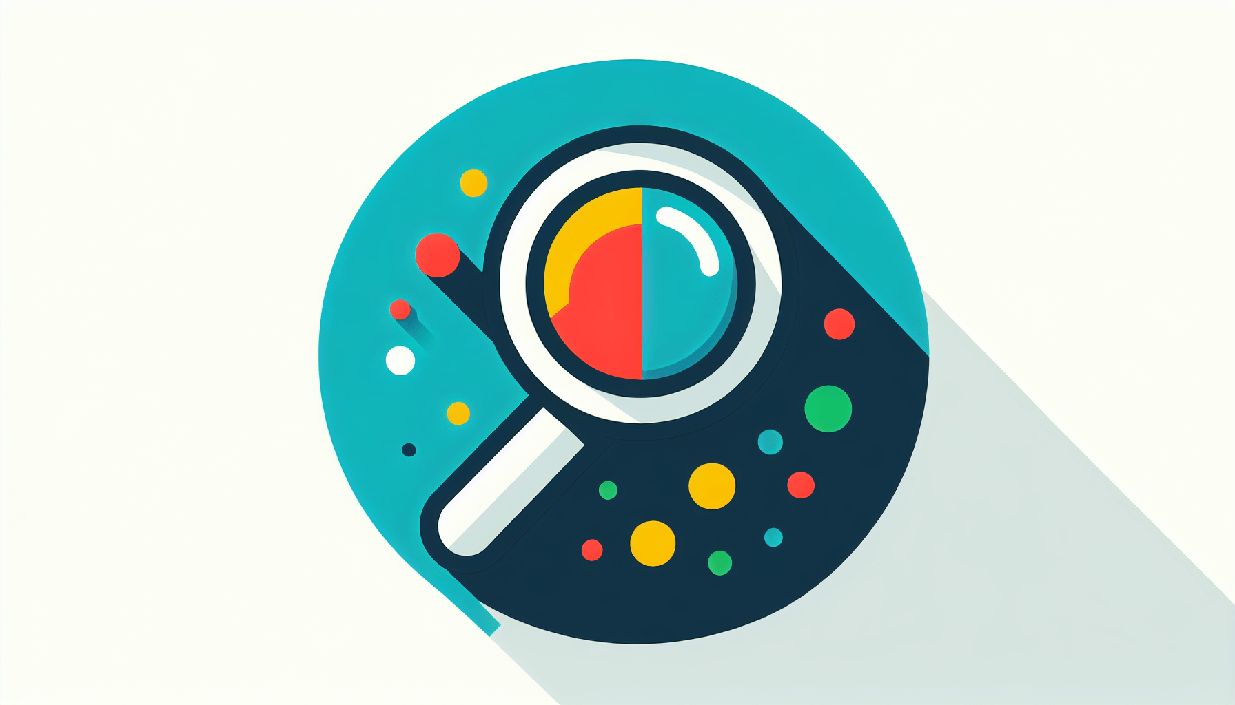 Magnifying glass in flat illustration style and white background, red #f47574, green #88c7a8, yellow #fcc44b, and blue #645bc8 colors.