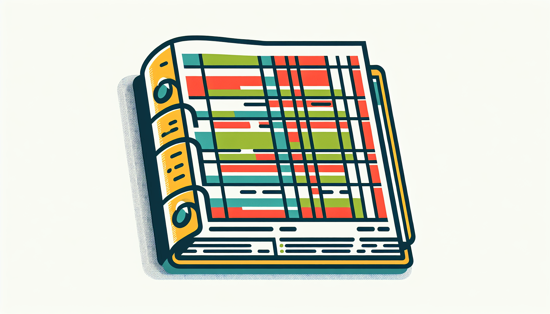Ledger in flat illustration style and white background, red #f47574, green #88c7a8, yellow #fcc44b, and blue #645bc8 colors.