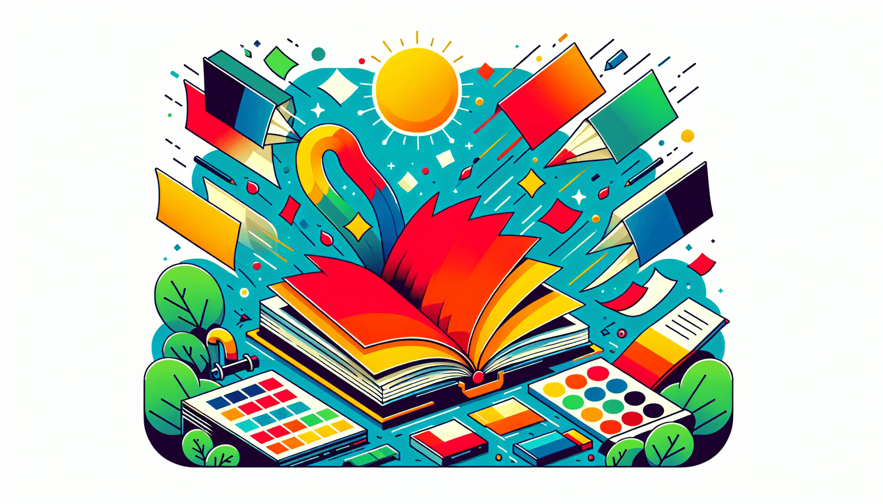 Book generation in flat illustration style and white background, red #f47574, green #88c7a8, yellow #fcc44b, and blue #645bc8 colors.