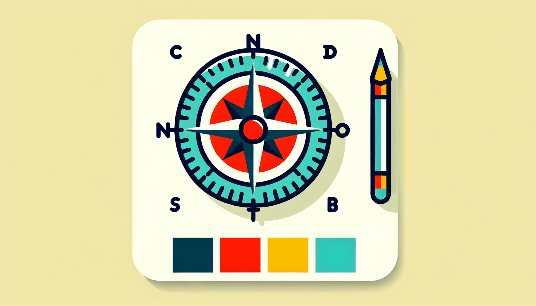 Compass in flat illustration style and white background, red #f47574, green #88c7a8, yellow #fcc44b, and blue #645bc8 colors.
