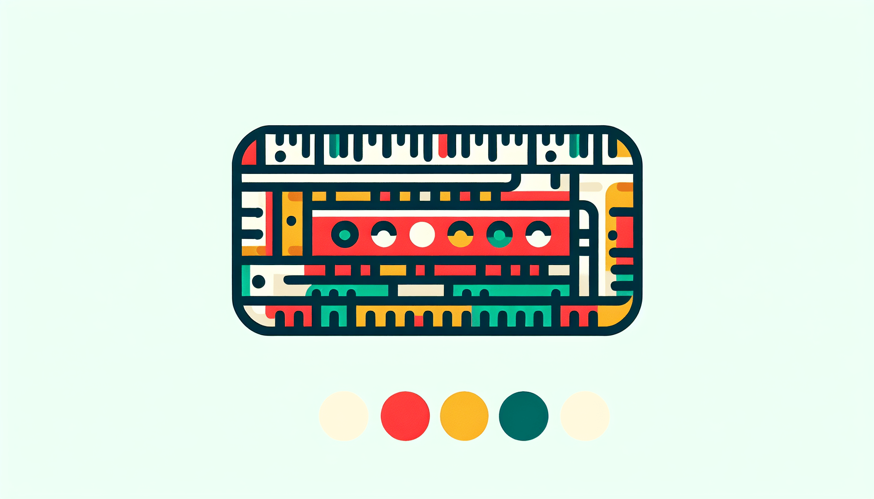 Ruler in flat illustration style and white background, red #f47574, green #88c7a8, yellow #fcc44b, and blue #645bc8 colors.