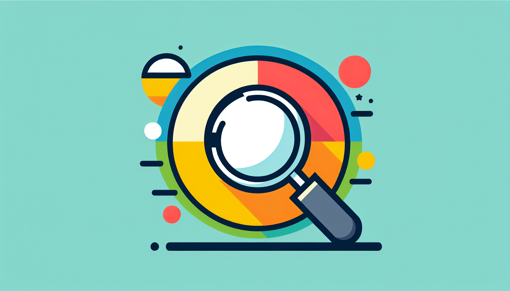 Magnifying glass in flat illustration style and white background, red #f47574, green #88c7a8, yellow #fcc44b, and blue #645bc8 colors.