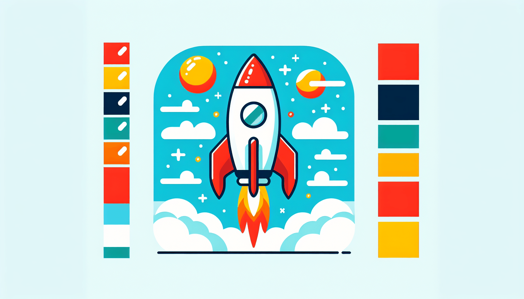 Rocket in flat illustration style and white background, red #f47574, green #88c7a8, yellow #fcc44b, and blue #645bc8 colors.