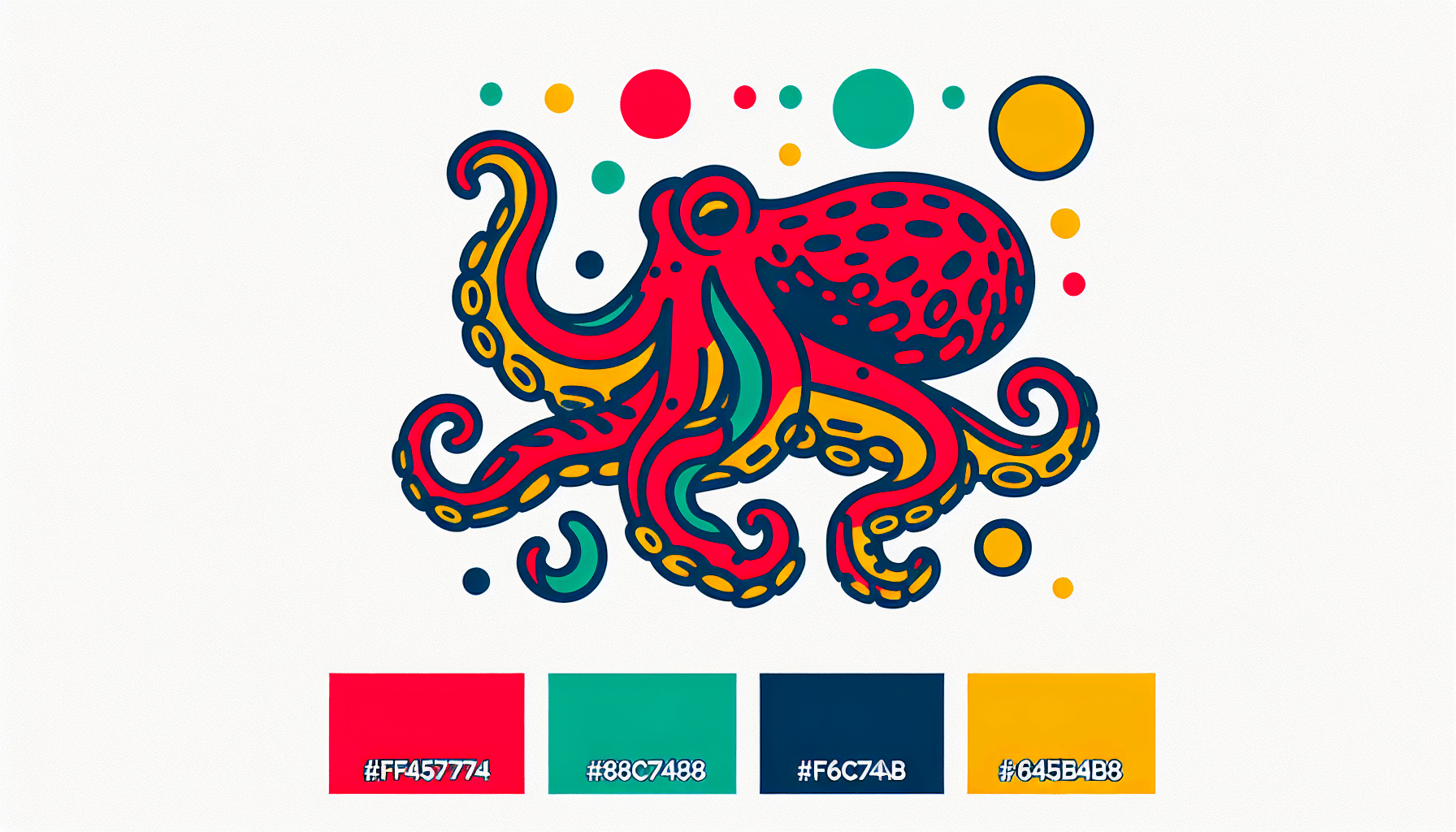 Octopus in flat illustration style and white background, red #f47574, green #88c7a8, yellow #fcc44b, and blue #645bc8 colors.