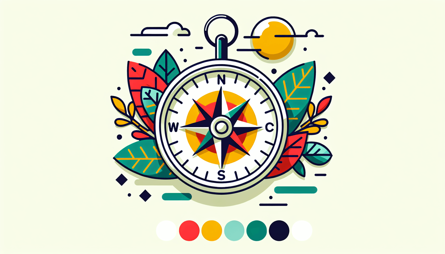 Compass in flat illustration style and white background, red #f47574, green #88c7a8, yellow #fcc44b, and blue #645bc8 colors.