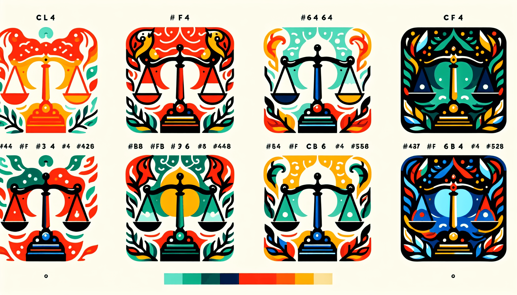Scales in flat illustration style and white background, red #f47574, green #88c7a8, yellow #fcc44b, and blue #645bc8 colors.