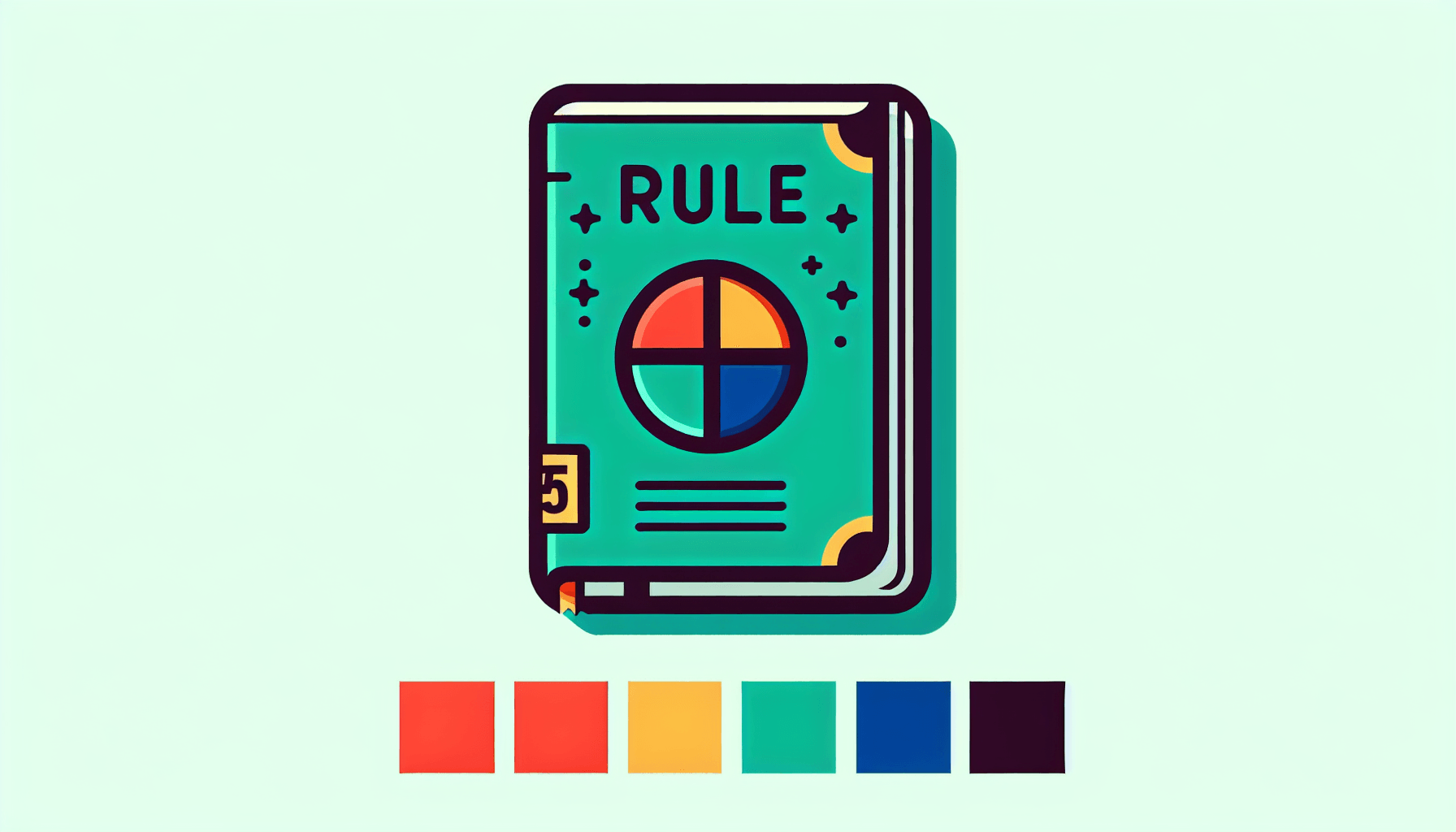Rulebook in flat illustration style and white background, red #f47574, green #88c7a8, yellow #fcc44b, and blue #645bc8 colors.