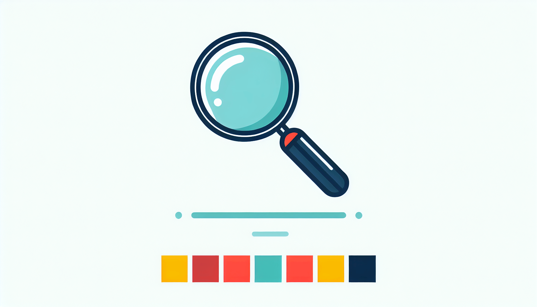 Magnifying glass in flat illustration style and white background, red #f47574, green #88c7a8, yellow #fcc44b, and blue #645bc8 colors.