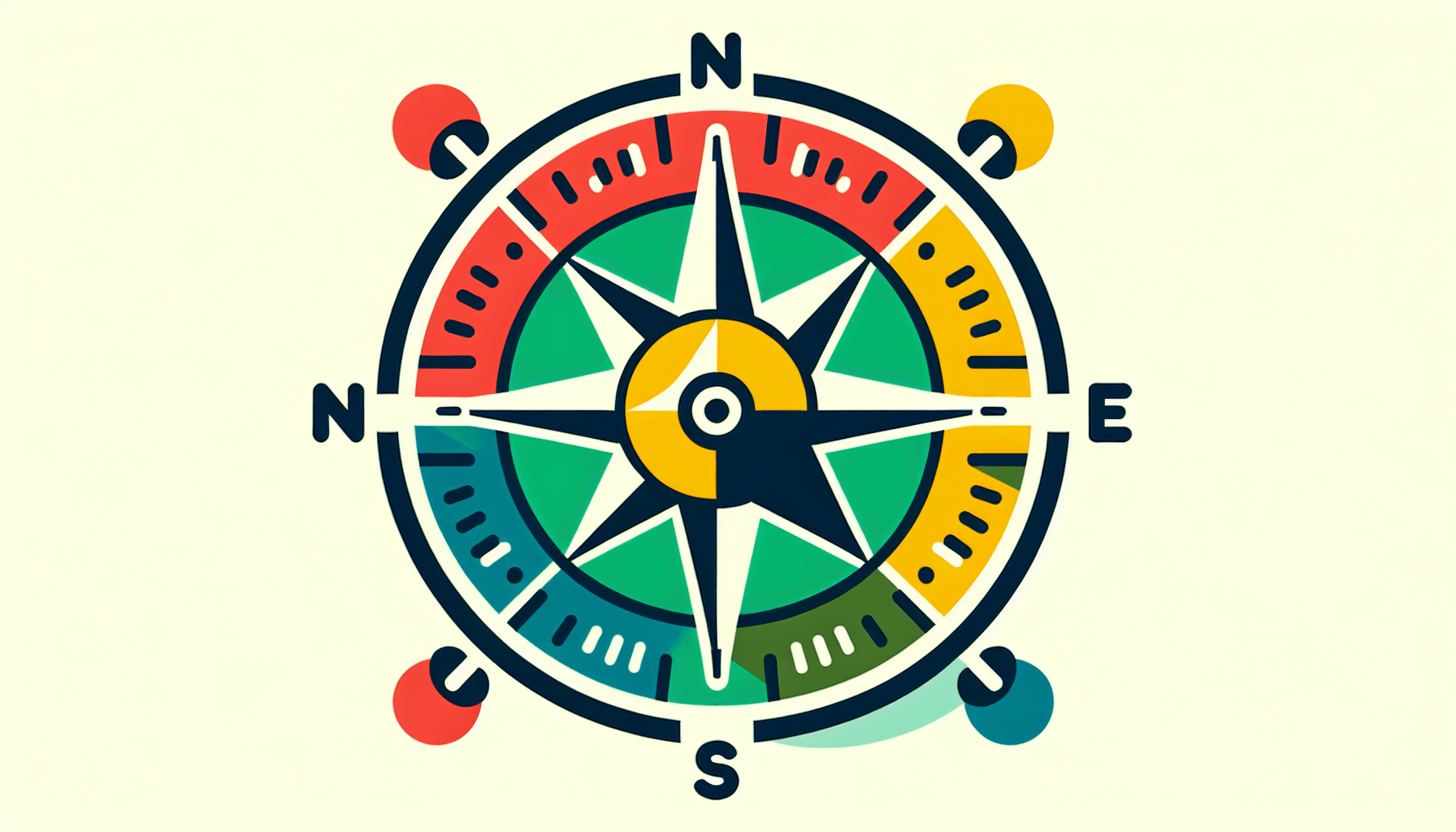 Compass in flat illustration style and white background, red #f47574, green #88c7a8, yellow #fcc44b, and blue #645bc8 colors.