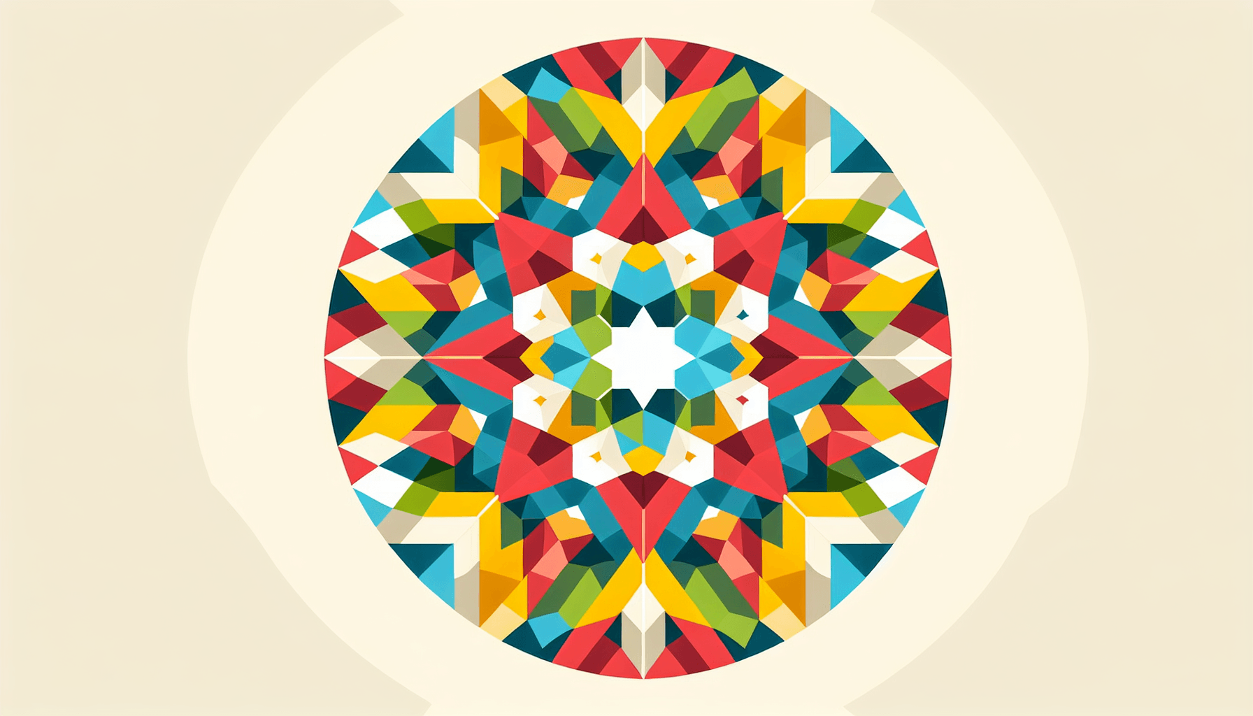 Kaleidoscope in flat illustration style and white background, red #f47574, green #88c7a8, yellow #fcc44b, and blue #645bc8 colors.