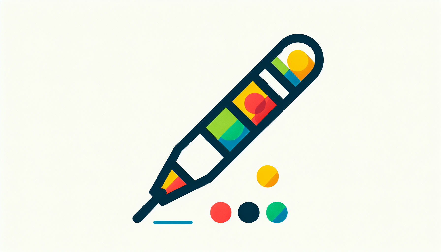Pen in flat illustration style and white background, red #f47574, green #88c7a8, yellow #fcc44b, and blue #645bc8 colors.
