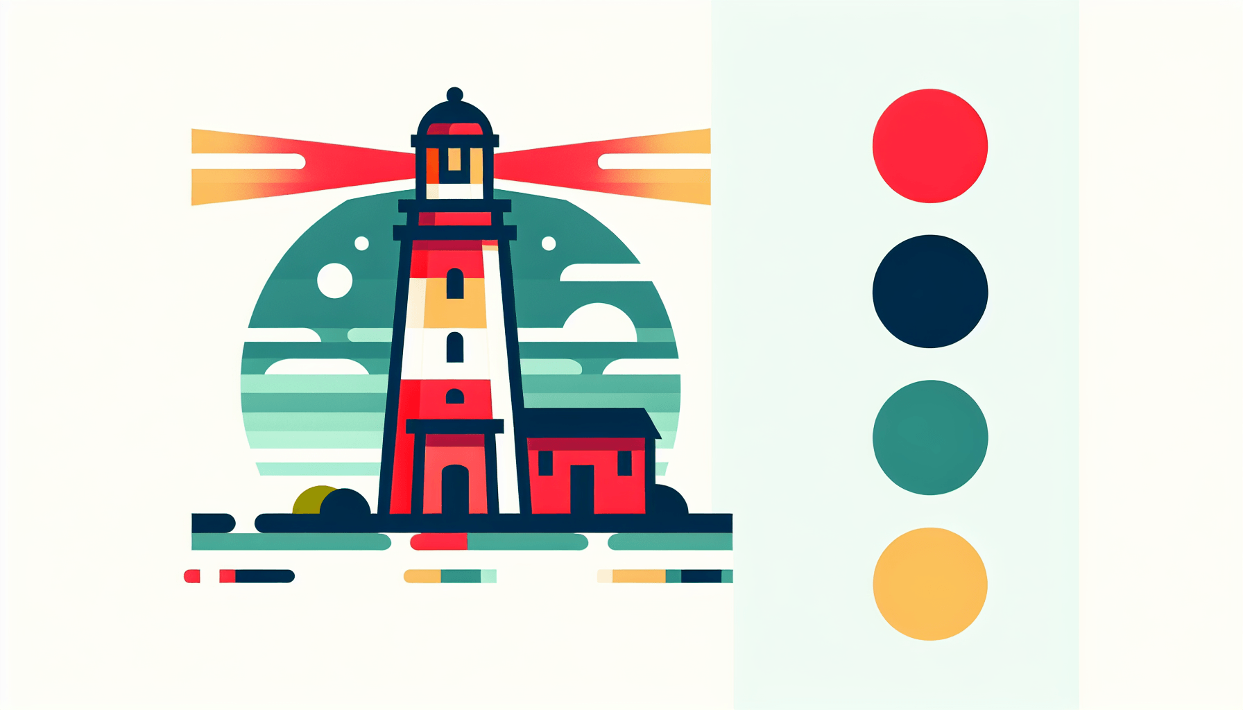 Lighthouse in flat illustration style and white background, red #f47574, green #88c7a8, yellow #fcc44b, and blue #645bc8 colors.