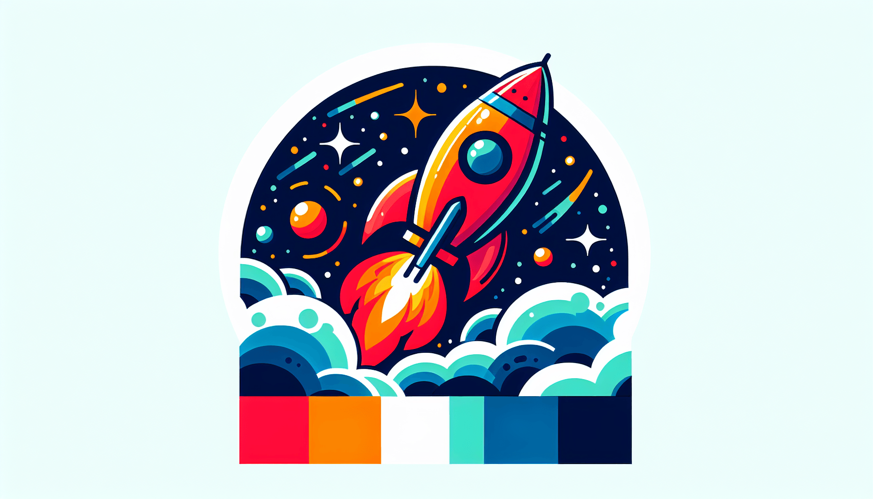 Rocket in flat illustration style and white background, red #f47574, green #88c7a8, yellow #fcc44b, and blue #645bc8 colors.