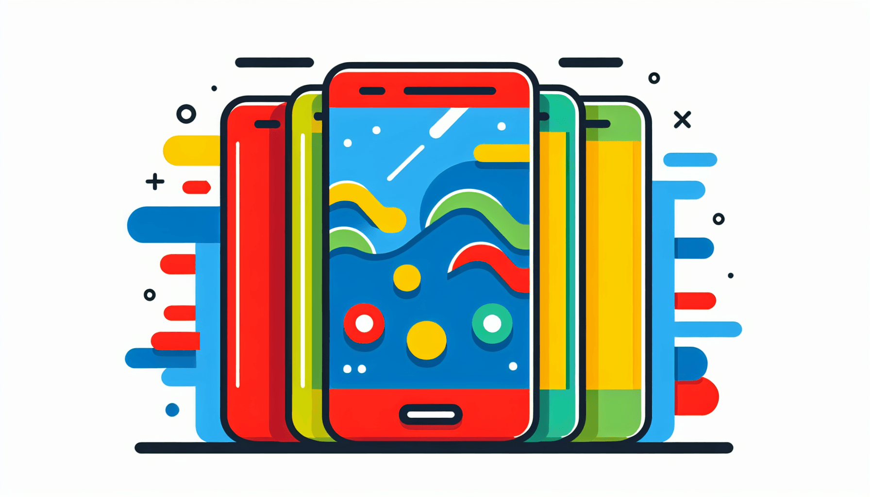 Smartphone in flat illustration style and white background, red #f47574, green #88c7a8, yellow #fcc44b, and blue #645bc8 colors.