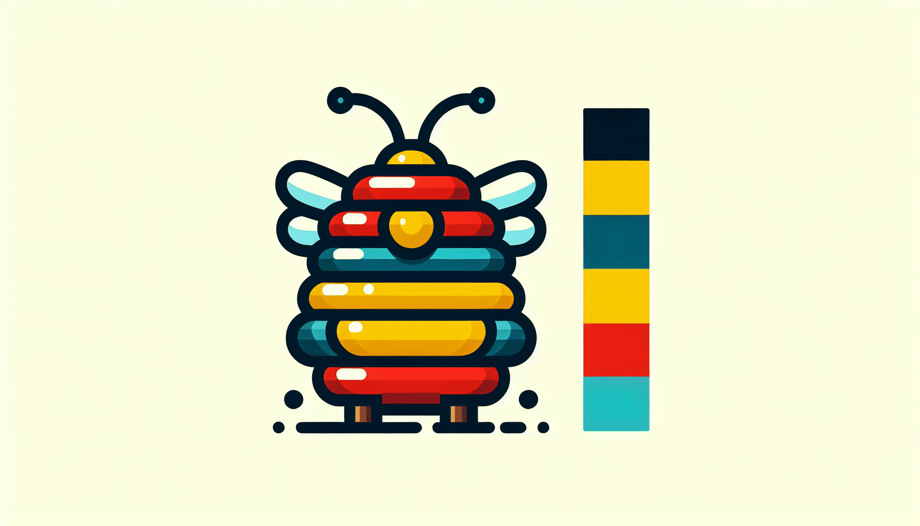 Beehive in flat illustration style and white background, red #f47574, green #88c7a8, yellow #fcc44b, and blue #645bc8 colors.