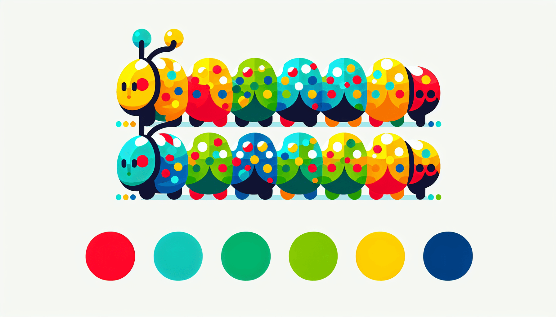 Caterpillar in flat illustration style and white background, red #f47574, green #88c7a8, yellow #fcc44b, and blue #645bc8 colors.